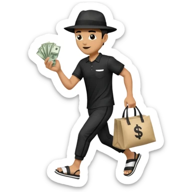 Make a man wear a black pant and he shirt is balck line and white line and wear a black hat and he holding a money bag and he running he wear a black eye thing no money in the Left hand and he yellow and the money bag in the right he wear a flip flop like this is Money bag 💰 NO MONEY sticker