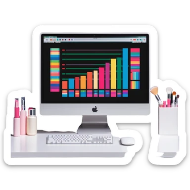 iMac computer with colorful bar charts and beauty products inside the screen sticker