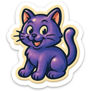 retro sticker of a purple cat, playful expression, bold outlines, vintage sticker style sticker