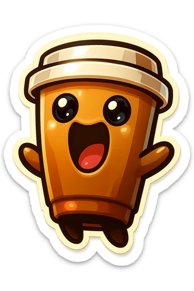 Tall coffee cup, wild, over the top, excited, big eyes, big mouth, screaming, tilted back sticker