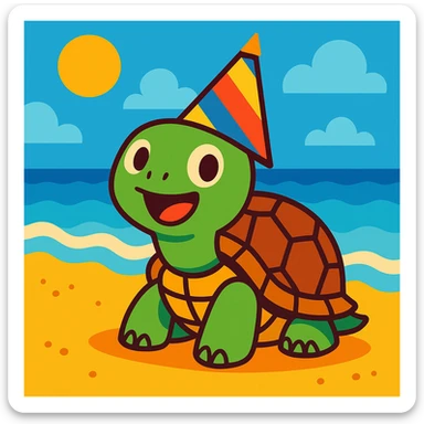 a turtle on the beach wearing a colorful party hat, fun and colorful style, bright and cheerful sticker