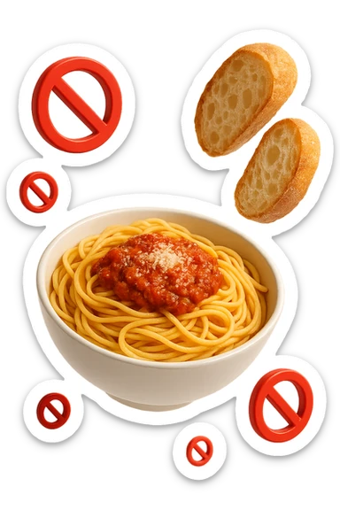 bowl di pasta e fettine di pane che fluttuano in aria con piccoli divieti 3d, sfondo bianco, iperrealistico 4k sticker