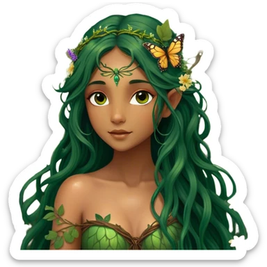 Cinematic Realistic Forest Nymph Fairy portrait, with butterfly wings and depicted with lifelike, sun-kissed tanned skin that radiates an earthy glow, softly illuminated by natural, dappled light. Her long, flowing dark green hair is intricately detailed and interwoven with delicate vines and wildflowers, while her deep, soulful eyes mirror the wisdom of the forest. Dressed in an attire inspired by nature’s palette—with subtle botanical motifs—the portrait exudes a soft, enchanted glow that melds realism with woodland magic. sticker