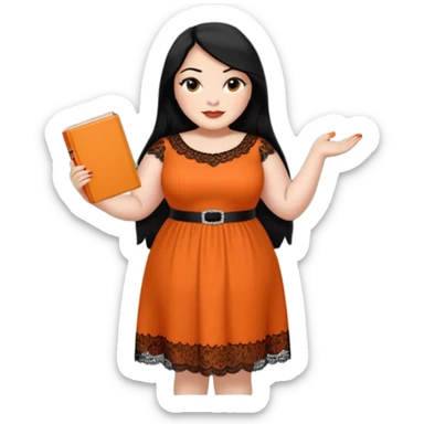  plus-size White woman is wearing makeup. She has long, straight, waist-length black hair and is wearing a full-body orange dress with rhinestones and lace. Her nails are painted orange. She is holding a book in one hand and a crayon in the other. A chalkboard is behind her. sticker