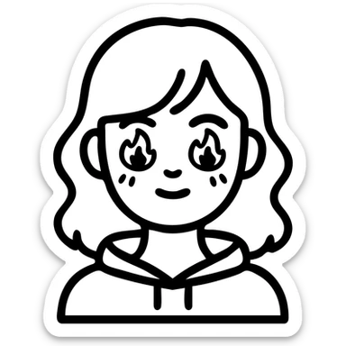 A cute girl with white skin, dark wavy hair just below her shoulders, green eyes, fair skin, a soft pink blush, and burning stars in her eyes. She has a thin neck and is wearing a black hoodie. The girl has long bangs styled on both sides of her face. sticker