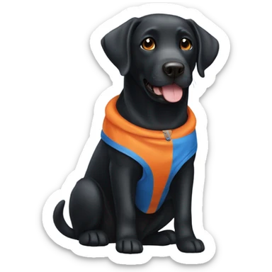 Black Labrador wearing orange and blue  sticker
