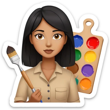 painting, artist, black hair tanned woman, paint pallet colors and paint brush. half body sticker