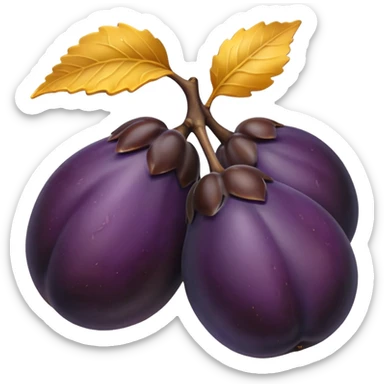 two whole ripe prunes with smooth slightly glossy dark purple skin and natural dimples, one fruit halved showing golden-yellow flesh and central brown pit, rounded plump shape with subtle color gradients, fresh juicy appearance, no leaves or background, soft lighting, subtle shadows, emoji scale sticker