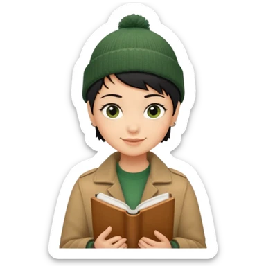 tan skin, non binary adult with pixie cut black hair, narrow eyes, wearing brown jacket and dark green beanie, shy smile , holding up  book  sticker