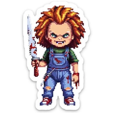Chucky with wild hair, evil grin, holding a bloody knife sticker