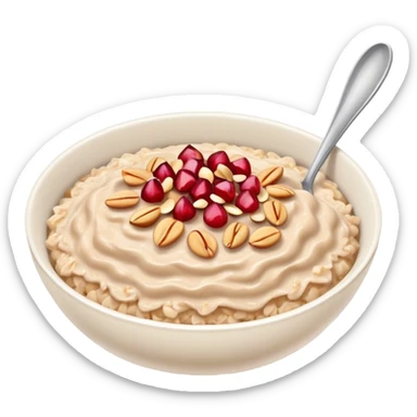 bowl of oatmeal with peanut butter, coconut flakes and pomegranate seeds sticker