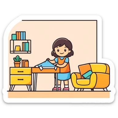 smiling girl arranging furniture in doll house sticker