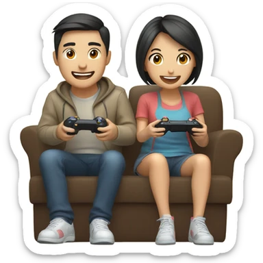 Cute asian couple excitedly playing video games sticker