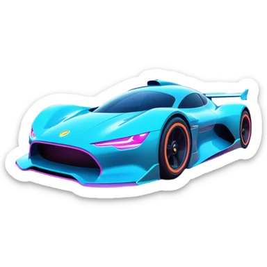 A futuristic racing car with glowing neon lights, sleek aerodynamic design, and a cyberpunk cityscape in the background. The car is speeding through a neon-lit street with high-tech buildings and holograms." sticker