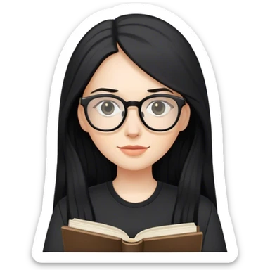pale woman with long black hair, wearing glasses and black shirt holding a book sticker
