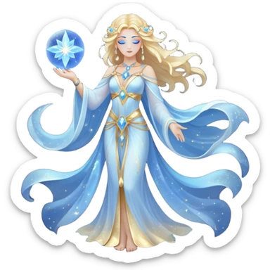 fullbody universe goddess Sophia, Ethereal Light Being, Made of starlight and fractals, Glowing white/gold skin with flowing translucent robes, Hair blue like galaxy mist, Jewelry made of stars and crystals sticker