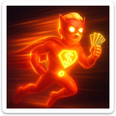 Make the superhero appear to be sprinting with glowing motion trails, blurred limbs, and streaks of light to show high velocity. The glowing money symbol should be prominent and eye-catching. sticker