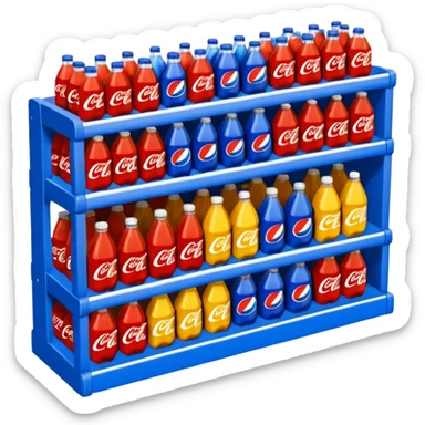 3D warehouse shelf with Coca-Cola, Pepsi, Fanta bottles and products, 
organized retail shelves, colorful product packages, store inventory, 
transparent background, emoji style, realistic, isometric view sticker