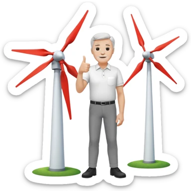 an older white man with grey hair and a white shirt and black pants doing a thumbs up pose, standing next to a single silver wind turbine sticker