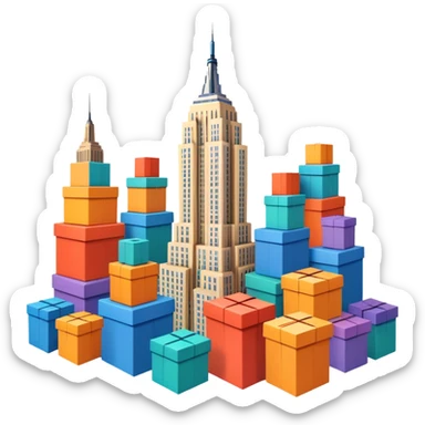 Empire State Building with boxes stacked in creative patterns, some boxes flying, lively sticker
