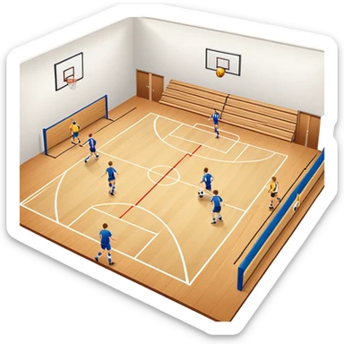 A mini-football match in an indoor sports hall with a wooden floor and clear court markings. The scene captures players in action, with the ball moving towards the goal, and the surrounding bleachers and overhead lights adding to the atmosphere of a competitive game. sticker