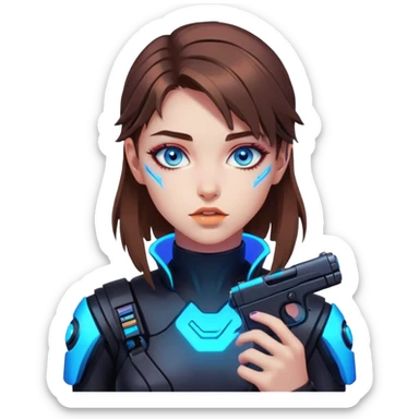 Neon cyberpunk style 
girl with brown hair and blue eyes 
shoots sticker