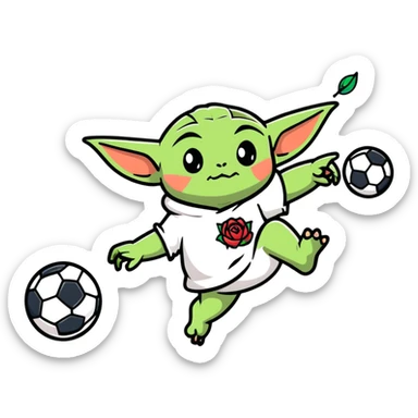 baby Yoda kicking a soccer ball with small roses beside him sticker