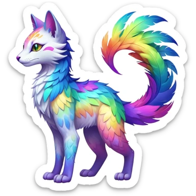 Kawaii neon colorful with feathers rainbow iridescent fantasy ethereal feline-vernid-sergal-fursona animal creature with a tufted tail full body with intricate markings sticker