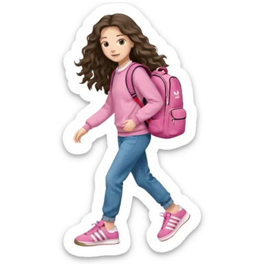 aestethic brunette very,very,very long wavy hair walking with a school backpack (no brand) with a cute jeans, pink sweat, adidas samba shoes sticker