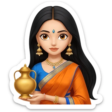 generate a pretty bratz Deepika Padukone with long black hair middle parted.
Wearing an orange saree with a blue blouse, golden jhumkas
SHe shoudl look like deepika padukone. dark brown eyes and carrying an urn sticker