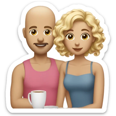 bald man, woman with blonde curls and woman with dark ash blonde hair on a brunch sticker