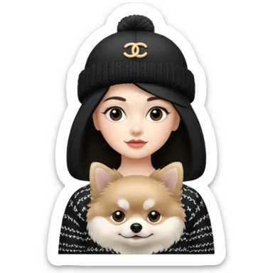 Black and white pomeranian wearing coco chanel Sweater and hat sticker