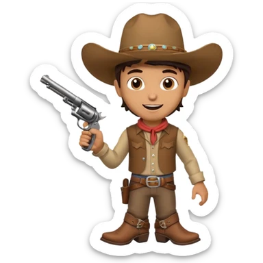 A young cowboy with oversized boots, excited expression, and a tiny toy revolver.
 sticker