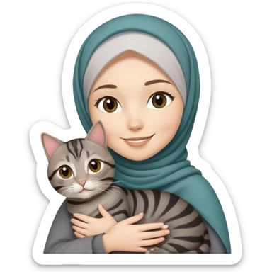 White girl wearing hijab smiling while holding a black grey tabby cat sticker