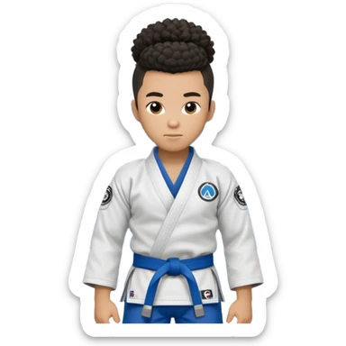 black jiu jitsu instructor with a afro ponytail and a low taper fade sides haircut, and a small fade on the sides with a blue belt and roger Gracie academy logo on the gi sticker