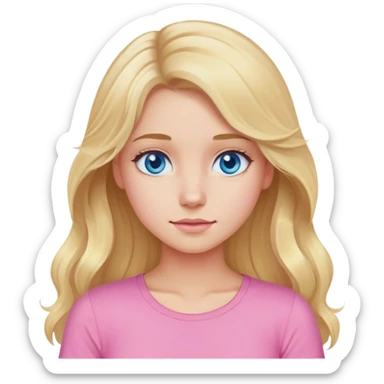 A girl blonde medium shape not popular looking, blue eyes, slightly wavy long hair, pink top  sticker