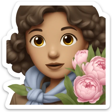 a girl with dark brown hair and blue eyes dressed in a baige winter coat with a baby pink scarf holding a bouquet of peonies sticker