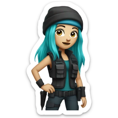 Girl, white skin, tactical vest, dark pants, long teal and purple hair, blue eyes, black beanie hat, knife, black combat boots sticker