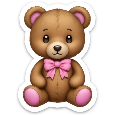 A teddy bear with a pink accessory sticker