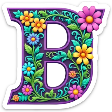3D, gothic style psychedelic colored Letter U with hippie style flower border sticker