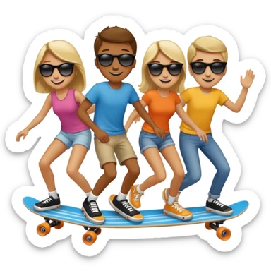 Four people on one long skateboard sticker