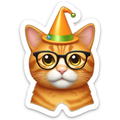 A pregnant orange cat with specs and party hat sticker