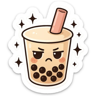 chibi sticker-style bubble tea with black sparkles and a moody expression, cute and exaggerated sticker