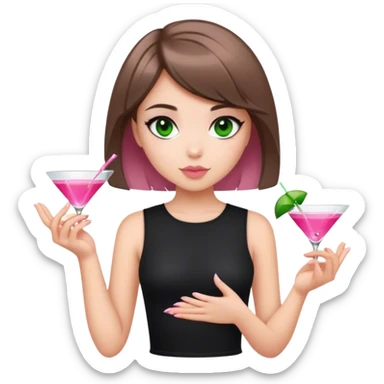 light brunette short hair girl black top holding a pink cosmo dark green eyes sticker