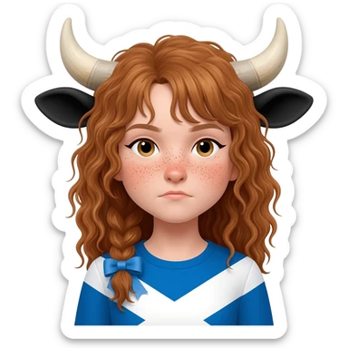 curly girl with freckles with messy light brown bangs covering the eyes with cow horns and cow ears with scottish flag on his shoulders with ribbon in her hair sticker