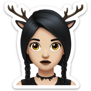 Portrait. Goth, deer girl. Wearing a black sleeveless dress with a choker. She has White antlers and deer ears. Long Black hair. She looks angry sticker