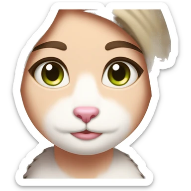 a girl with mid-length brown hair and brown eyes with a scar in the middle of her left eyebrow that forms a line that hugs a white cat with a pink nose and green eyes sticker