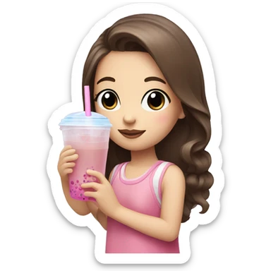 Girl with brown hair and blue eyes drinking pink bubble tea sticker