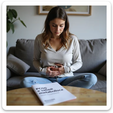 woman in casual clothing sitting on sofa, hand on abdomen with thoughtful expression, brochure on table in front with Italian text: 'PCOS e salute metabolica: non trascurare i segnali', realistic style, 4K quality sticker