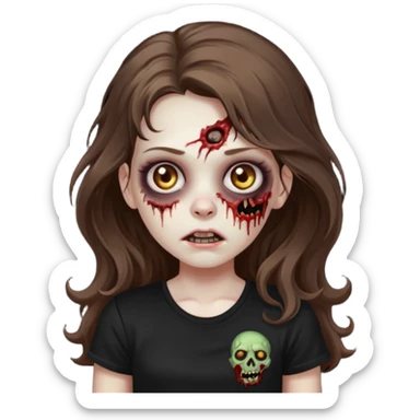 crie um emoji de uma garota zoombie cabelo castanho e longo , assustadora e fofa com cabelo ondulado 2b e camiseta básica preta sticker